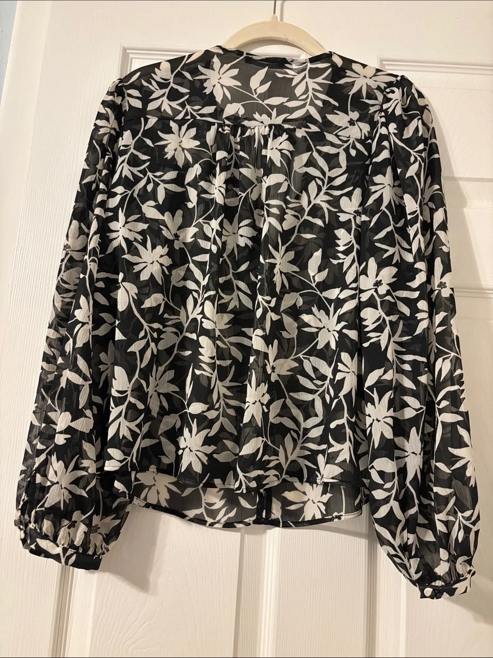 ZARA Black & White Floral Tie-Neck Sheer Blouse